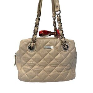 Kate Spade Quilted Beige Leather Shoulder Bag With Chain Straps & Red Scarf Acce
